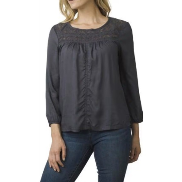 Prana Robyn Blouse Size Medium Coal Gray Lace 3/4 Sleeve - Picture 1 of 7